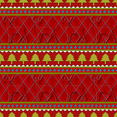Seamless ornament in red with compositions on horizontal stripes with elements of the silhouette of a deer on a checkered background, a green Christmas tree, white triangles, shadows for the bulge.