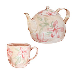 Watercolor Christmas illustration of beige teapot and teacup