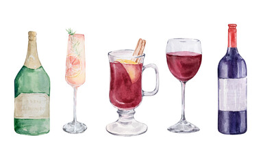 Watercolor Christmas illustration of drinks