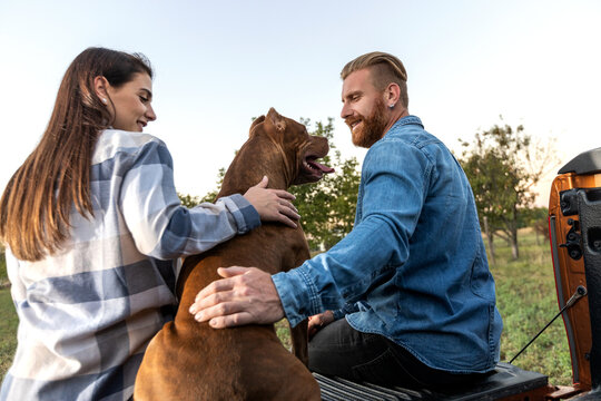 Image of young couple having a great time together with their American bully dog taken from behind