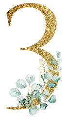 Obraz premium Golden number 3 decorated with green Watercolor eucalyptus branches isolated