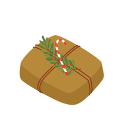 Gift for Christmas or New Year, the box is packed in brown kraft paper. With a spruce branch and a lollipop cane. Vector illustration, for the design or decoration of postcards