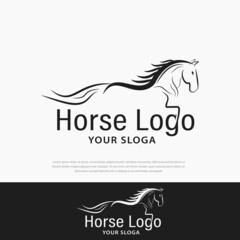 Horse logo. Stable, farm, Valley, Company, Race logo design. Silhouettes of horses, Mustangs, stallions, mascots, wild horses, arabian animals for race icons. Sports hockey template