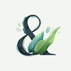 Ampersand logo with green leaves in clear vector watercolor style.