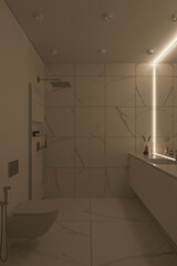 Interior design of a modern bathroom with walk-in shower. Comfortable bathroom with white marble tiles on the walls and evening lighting. Large mirror in frame with diode illumination. 3d rendering
