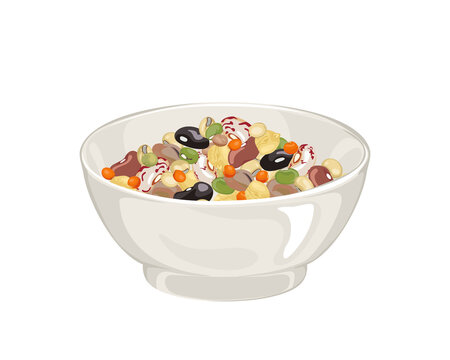 Beans in bowl isolated on white. Vector illustration different beans and legumes. Organic healthy food in cartoon flat style.