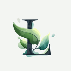 L letter logo with green leaves in clear vector watercolor style.