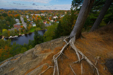 Autumn view of the town of Huntsville, Ontario, Canada, from the top of the Lion's Lookout Trail.