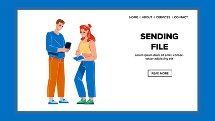 Boy And Girl Sending File On Digital Device Vector. Young Man And Woman Using Smartphone And Tablet Gadget For Sending File Online. Characters Internet Users Web Flat Cartoon Illustration