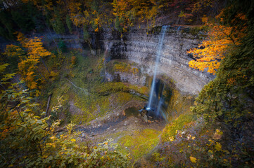 View of the Tews Falls, tallest waterfall in Hamilton, Ontario Canada, in Autumn. Very small amount of water is visible.