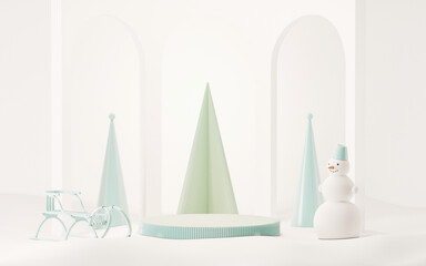Fototapeta premium Minimal scene with gifts and pine trees, podium and snowman. Beige and white, pastel blue shapes. For christmas holiday winter concept and magazines, poster, banner. 3D rendering