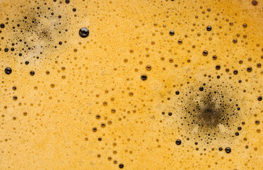 Horizontal background of espresso foam close up. Abstract, foamy texture, copy space