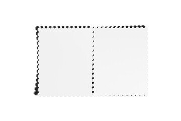 Blank postage stamp mockup set with toothed border isolated on white background. Ideal for showcasing postal design, stamp branding, or mailing sticker concepts. Realistic 3D rendering template.