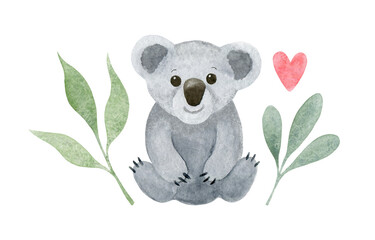 Cute watercolor koala, pink heart and green eucalyptus leaves isolated on a white background. Hand-drawn baby animal