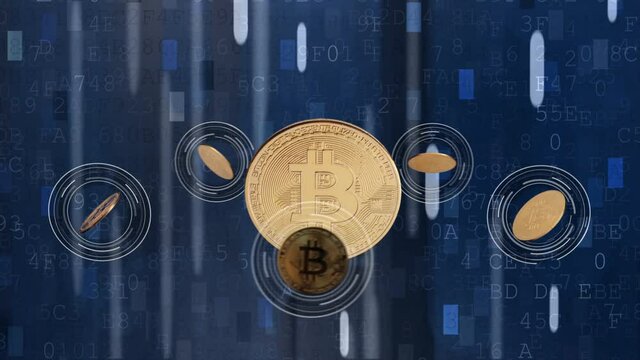 Cryptocurrency transactions concept with golden coins floating in blue data streams - digital decentralized currency technology usage