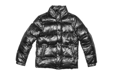 Black hooded warm sport puffer jacket isolated over white background. Blank template down jacket...