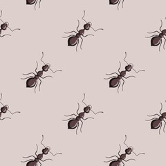 Seamless pattern colony ants on pastel gray background. Vector insects template in flat style for any purpose. Modern animals texture.