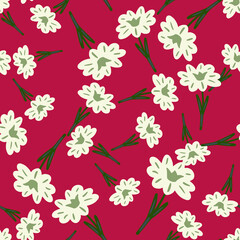 Seamless pattern with hand drawing wild flowers on red background. Vector floral template in doodle style. Gentle summer botanical texture.