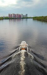 Boat on the river, top view