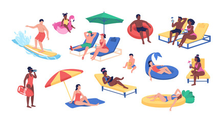 Beach activities semi flat color vector character set. Posing figures. Full body people on white. Summer isolated modern cartoon style illustration for graphic design and animation collection