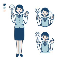 インカムをつけたビジネス女性がマル印パネルを出すイラスト