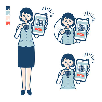 インカムをつけたビジネス女性がスマートフォンでキャッシュレス決済しているイラスト