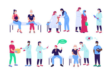 Vaccination semi flat color vector character set. Posing figures. Full body people on white. Healthcare isolated modern cartoon style illustration for graphic design and animation collection