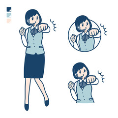 インカムをつけたビジネス女性が正面にパンチしているイラスト