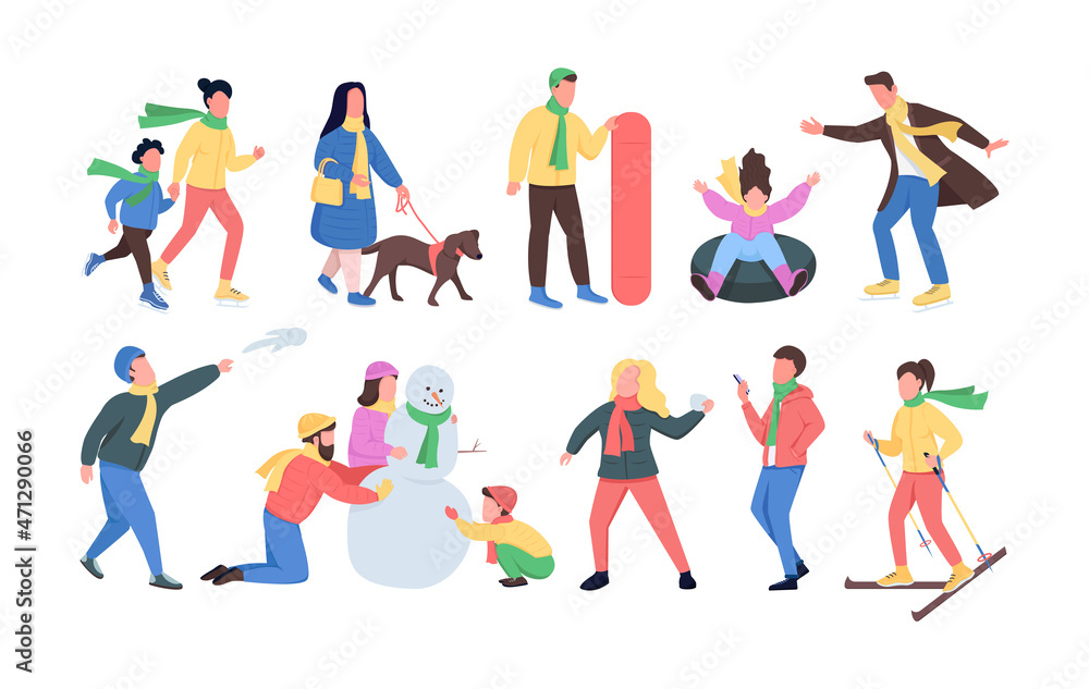 Poster Winter time semi flat color vector character set. Posing figures. Full body people on white. Family fun isolated modern cartoon style illustration for graphic design and animation collection