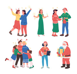 Fototapeta premium Christmas party semi flat color vector character set. Posing figures. Full body people on white. Friends isolated modern cartoon style illustration for graphic design and animation collection