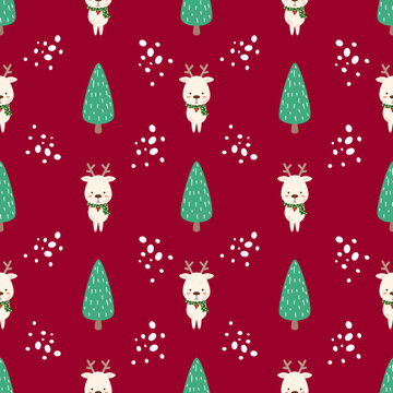 Cute digital painting cartoon character hand drawn seamless pattern of reindeer,white dots,tree on red background.merry Christmas concept.design for texture,fabric,clothing,wrapping,decorating,print.