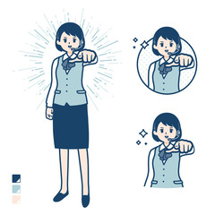 インカムをつけたビジネス女性が正面を指差しているイラスト