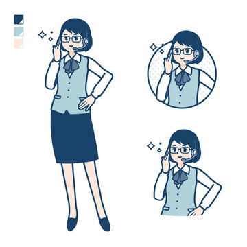 インカムをつけたビジネス女性が眼鏡をクイっとしているイラスト
