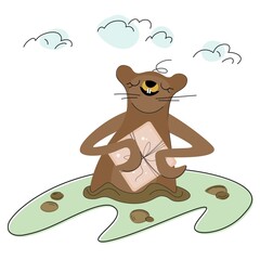 Happy groundhog with a gift. Happy Groundhog Day. After hibernation, a joyful marmot is ready to give gifts. Sale. Cute character is dreaming about a holiday. Vector isolated design Cartoon flat style