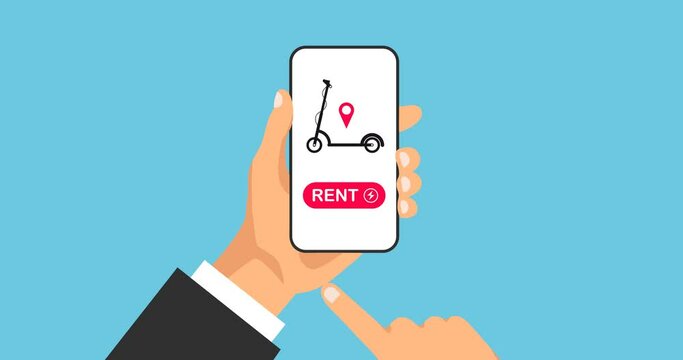 Animation of rental electric scooter on smartphone. Bike sharing for riding and fun. Hand clicking on phone dispaly. Concept of city transport. 4k animated video.