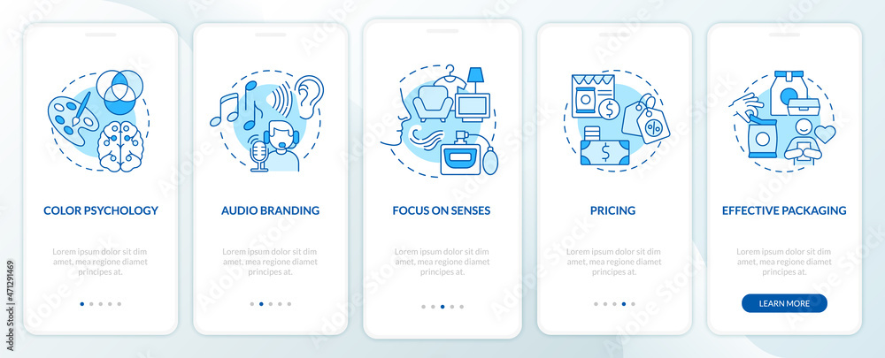 Wall mural Examples of neuroscience onboarding mobile app page screen. Pricing and packaging walkthrough 5 steps graphic instructions with concepts. UI, UX, GUI vector template with linear color illustrations