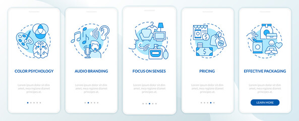 Examples of neuroscience onboarding mobile app page screen. Pricing and packaging walkthrough 5 steps graphic instructions with concepts. UI, UX, GUI vector template with linear color illustrations