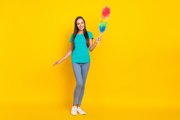 Photo of lady hold fluffy duster prepare housework wear teal t-shirt jeans sneakers isolated yellow color background