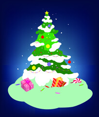 Vector image of a New Year tree. Christmas tree decorated with garlands and New Years toys. New Year's and Christmas Eve. Happy New Year and Christmas holidays.