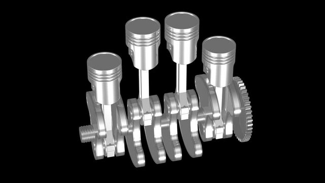 Internal combustion engine turn around on black background. Luma matte. Loopable. 3d rendering.