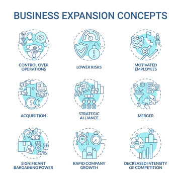 Business Expansion Blue Concept Icons Set. Company Growth And Development Idea Thin Line Color Illustrations. Merger, Acquisition. Market Competition. Vector Isolated Outline Drawings. Editable Stroke