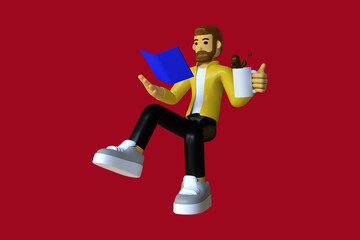 3d illustration man reading book with drinking coffee