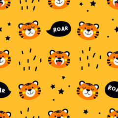 Obraz na płótnie Canvas Tiger cartoon seamless pattern vector illustration. Cute Tiger face on orange background