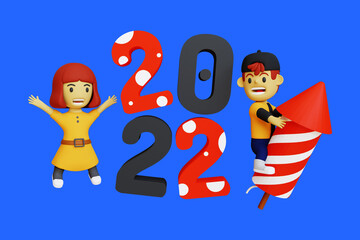 3d illustration happy new year 2022 boy and girl playing firework