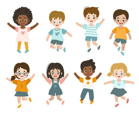 Cute active children jumping. Adorable happy kids dance. Smiling friends classmates having fun.