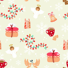 Christmas seamless pattern, with angels, gifts, cat. Vector illustration. Seamless background