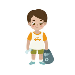 Boy standing and holding bag for plastic bottles to recycling. Cute kid collecting disposable waste.