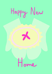 Vector holiday greeting card with hand drawn happy new home in delicate colors. Simple, bright, festive doodle style poster. Designs for prints, stickers, social media, printing, web, invitations