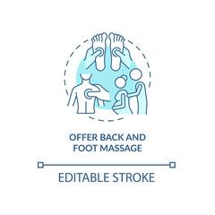 Offer back and foot massage blue concept icon. Support during pregnancy abstract idea thin line illustration. Lessening depression and swelling. Vector isolated outline color drawing. Editable stroke
