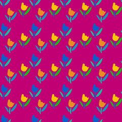 Seamless abstract pattern of simple botanical elements in rainbow colors. Modern trendy floral vector background for textile design, fabric, paper, social marketing